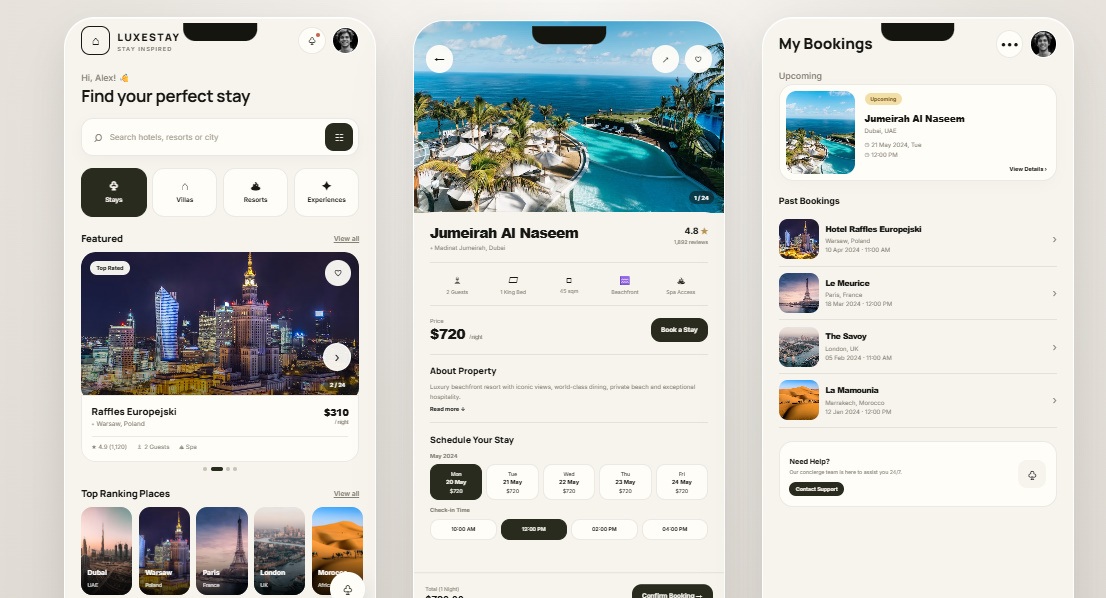 LuxeStay interface showing discovery, property details and bookings